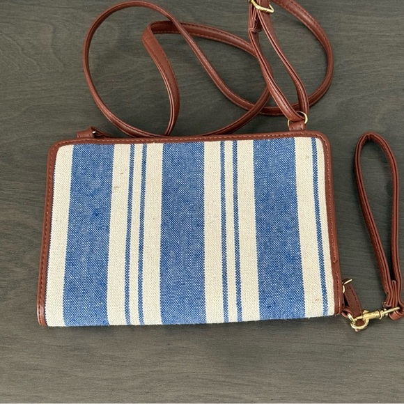 Striped Blue and White with Brown Crossbody Bag or Wallet - Picture 3 of 5